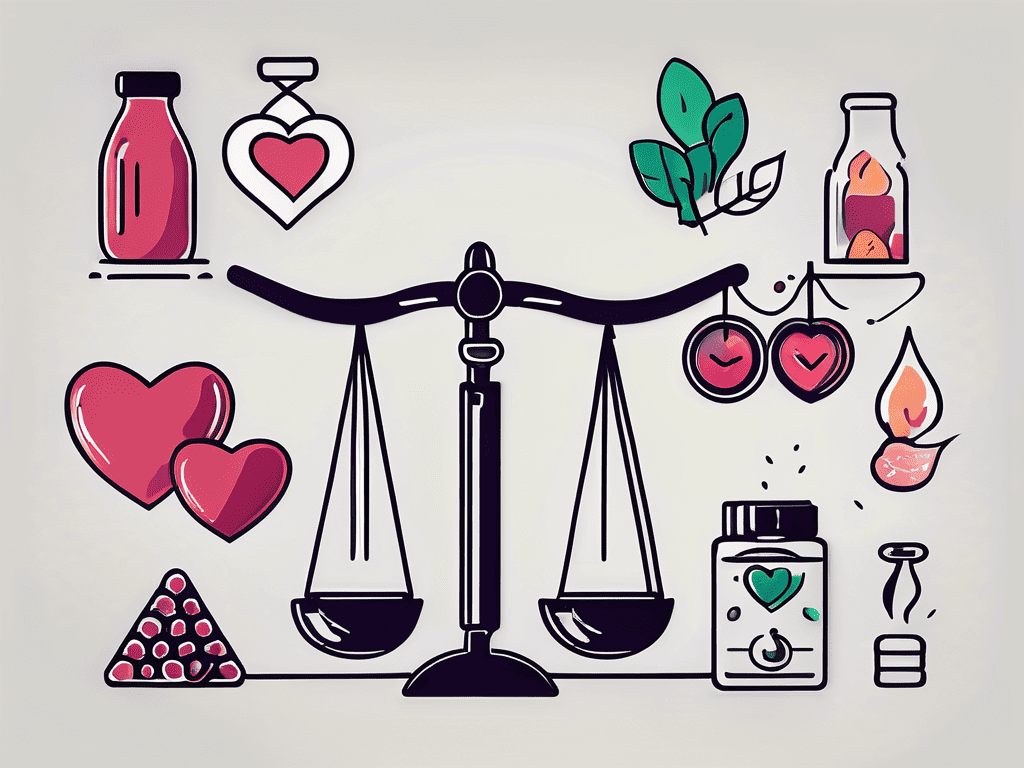 A balance scale with a dumbbell on one side representing weight loss and a symbol such as a heart on the other side representing masturbation