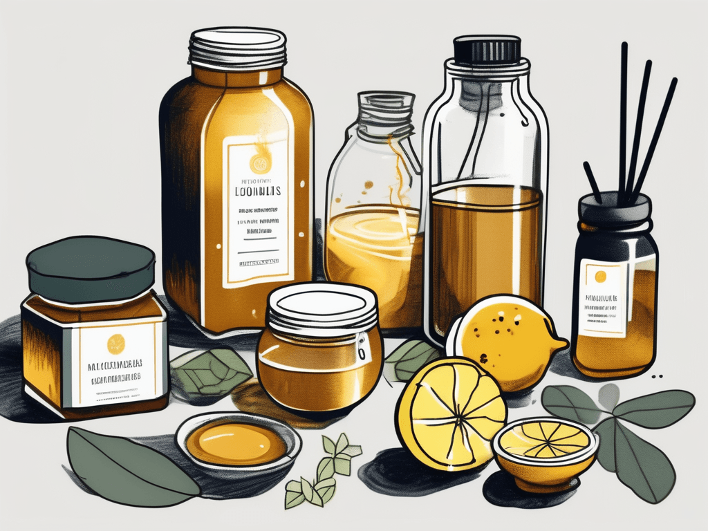 Seven different remedies including a jar of honey with a lemon