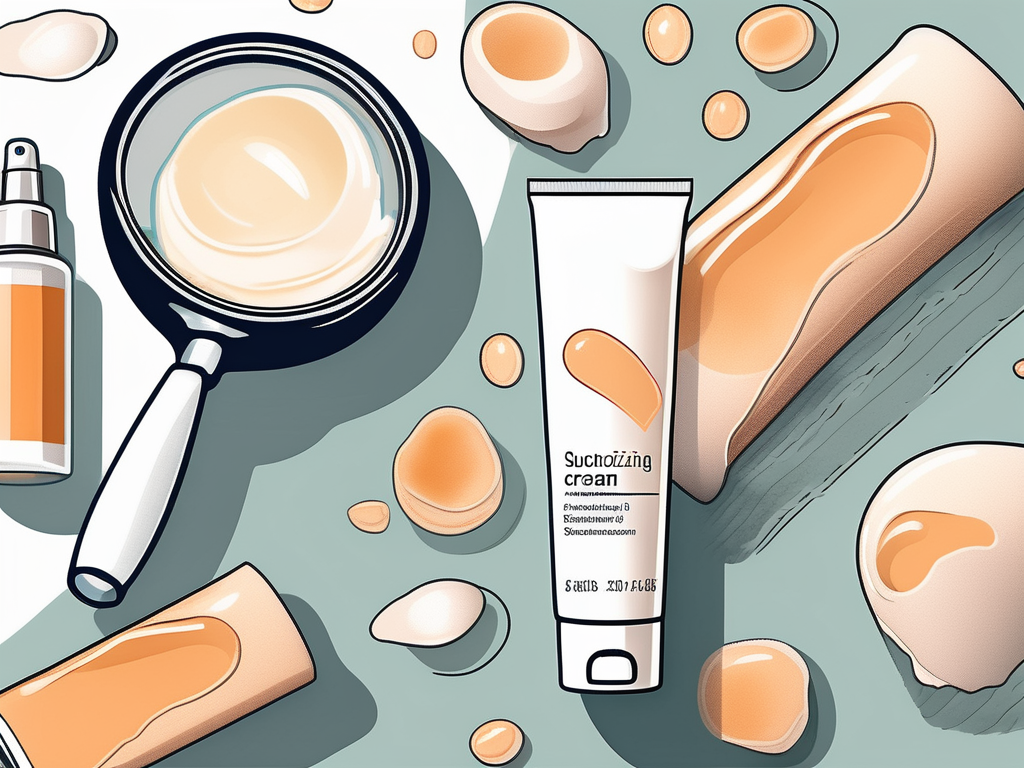 A magnifying glass focusing on a piece of peeled skin next to a tube of moisturizing cream and a bottle of sunscreen