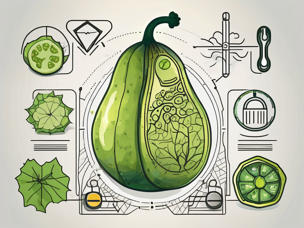 A vibrant bitter gourd surrounded by symbolic elements like a weight scale
