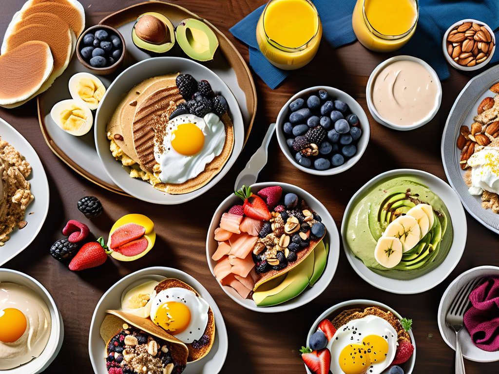 A breakfast spread featuring dishes like oatmeal with nut butter and banana