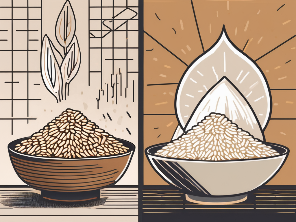 A split image showcasing brown rice and white rice