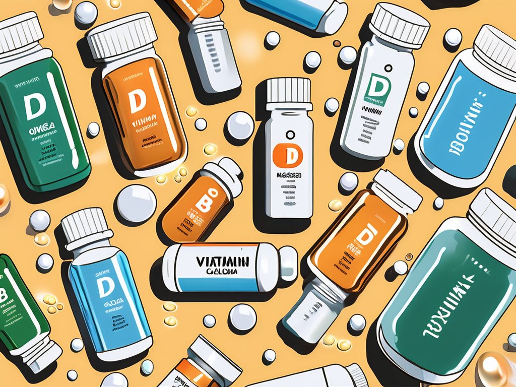 Various supplement bottles labeled with their respective names (vitamin d