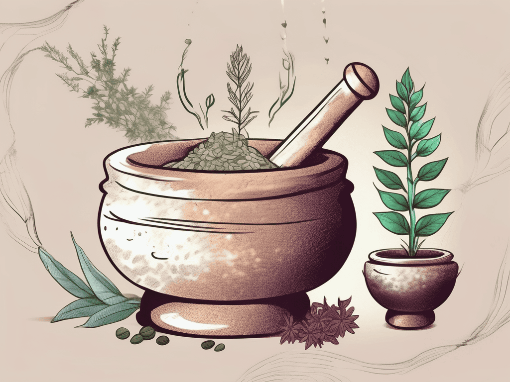 Various ayurvedic herbs in a mortar and pestle
