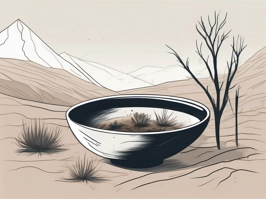 A barren landscape with withered plants and an empty bowl to symbolize the persistent lack of food associated with chronic hunger