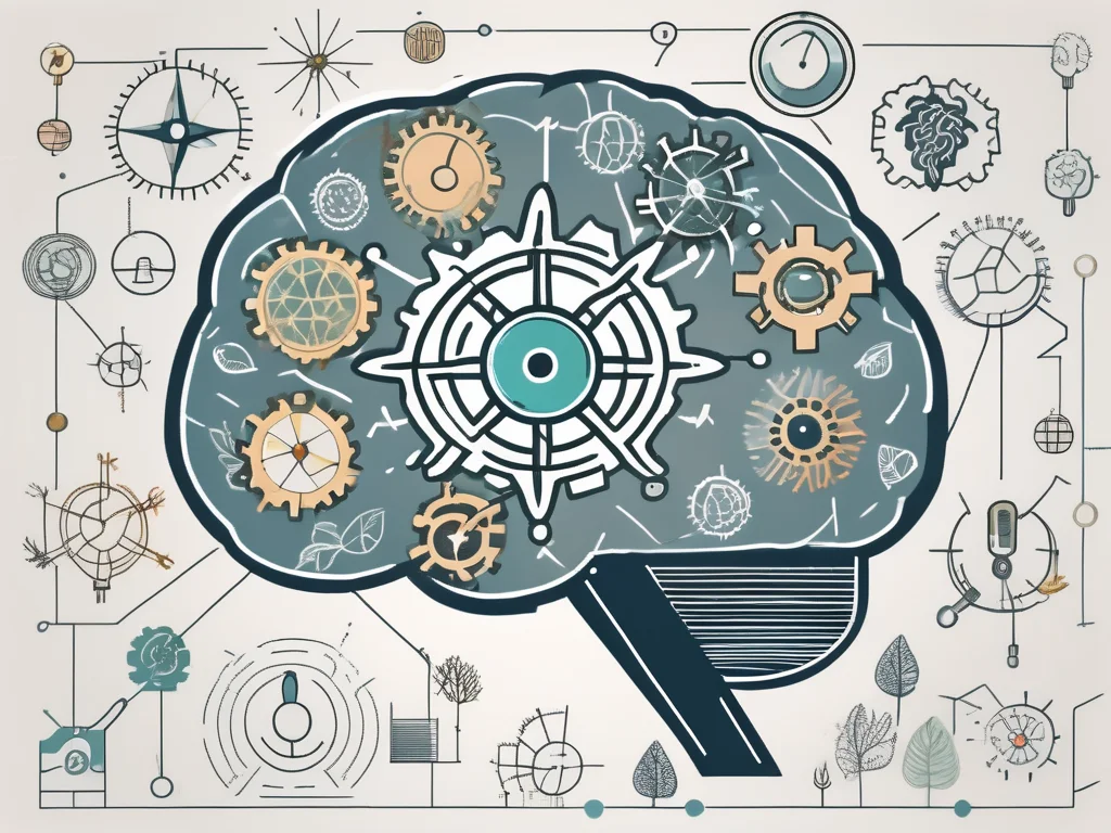 A brain interconnected with various symbols like a gear (representing cognitive function)