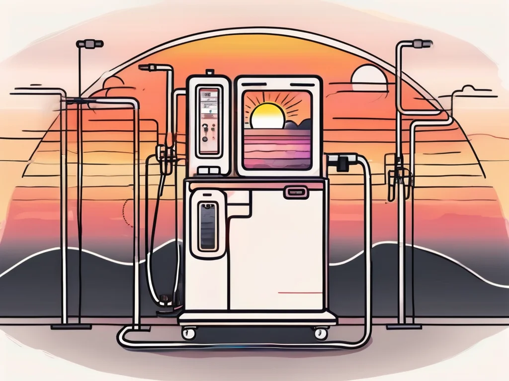 A dialysis machine with a sunset in the background