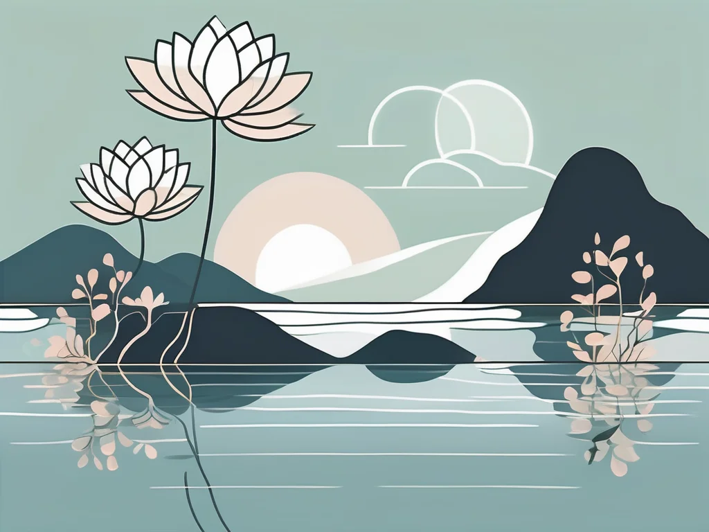 A peaceful and serene landscape with symbolic elements like a balanced scale
