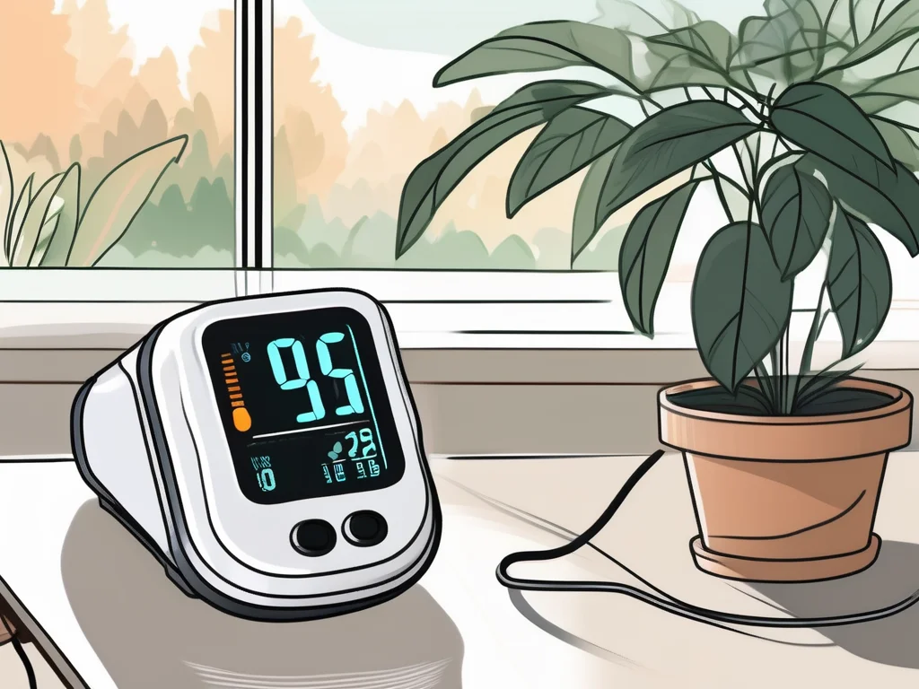 A pulse oximeter on a table beside a potted plant