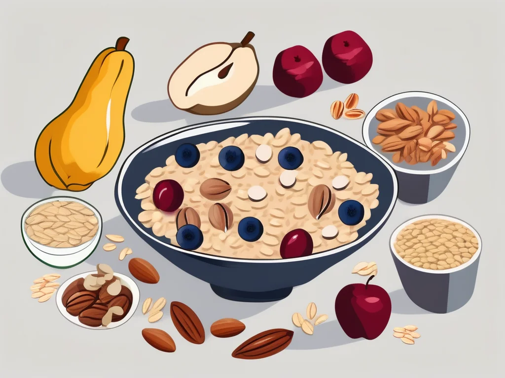A bowl of oats surrounded by various ingredients like fruits and nuts