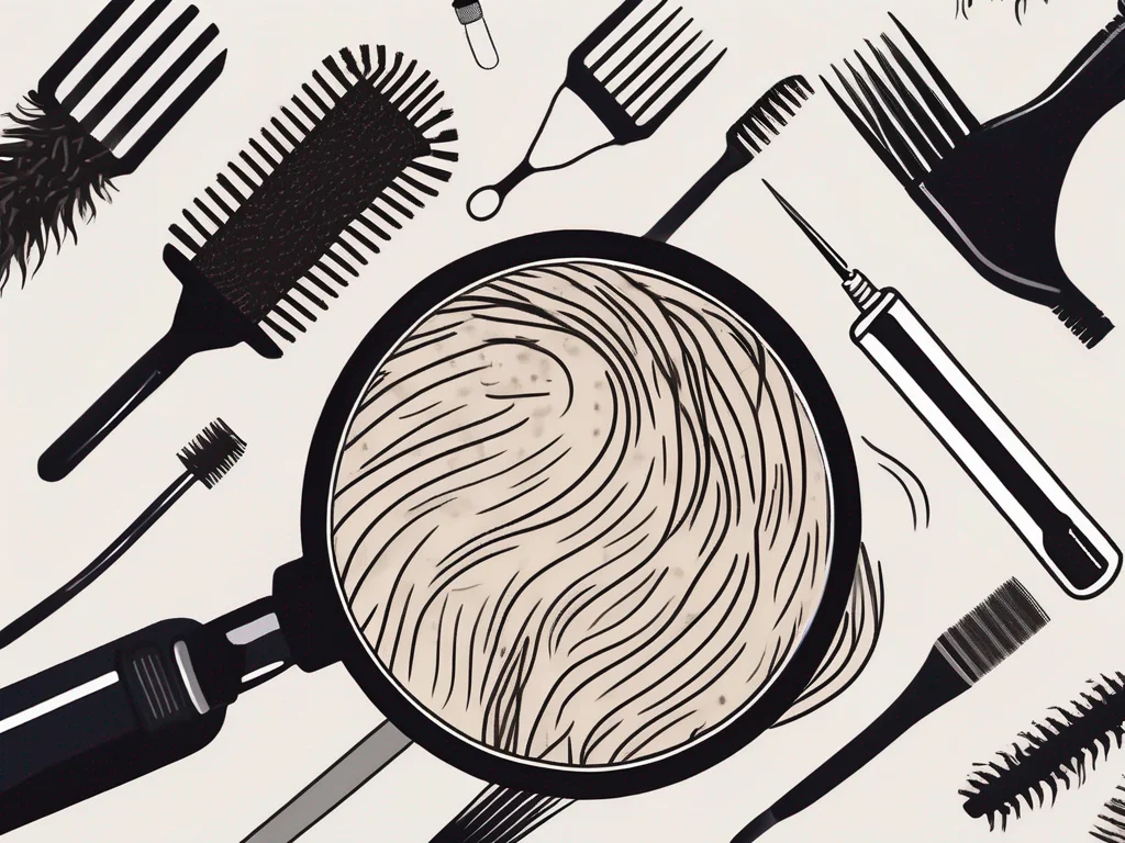 A magnifying glass focusing on a patch of hair scalp showing signs of infection