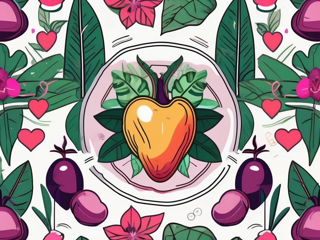 A vibrant mangosteen fruit surrounded by symbols of health like a heart