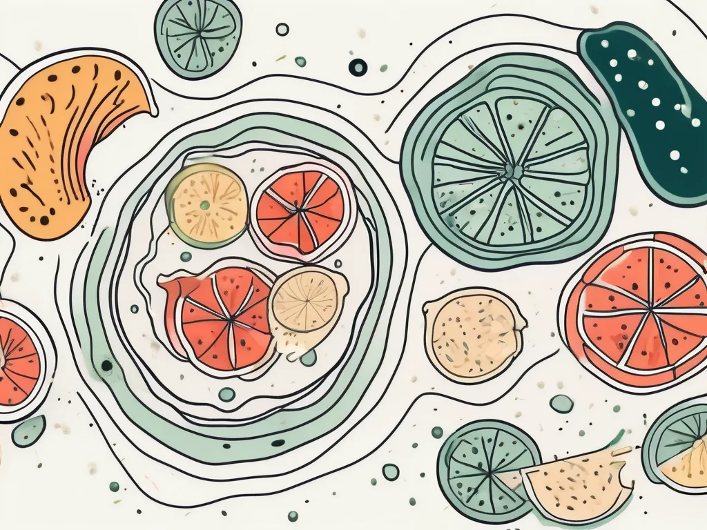 A stomach cross-section showing acid interacting with food particles