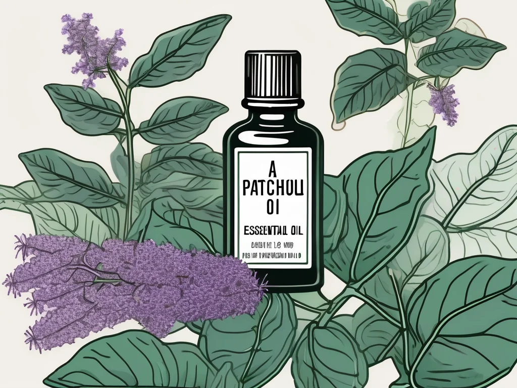 A bottle of patchouli essential oil surrounded by patchouli plants