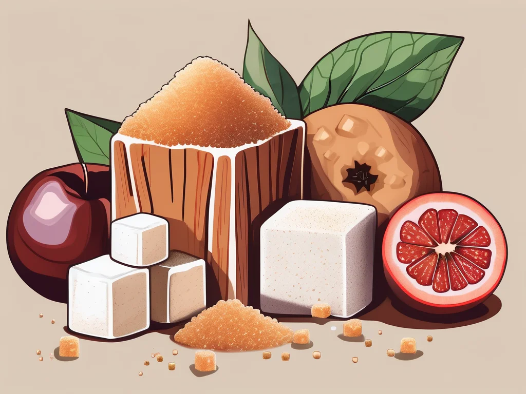 A pile of brown sugar cubes next to a variety of fruits and vegetables