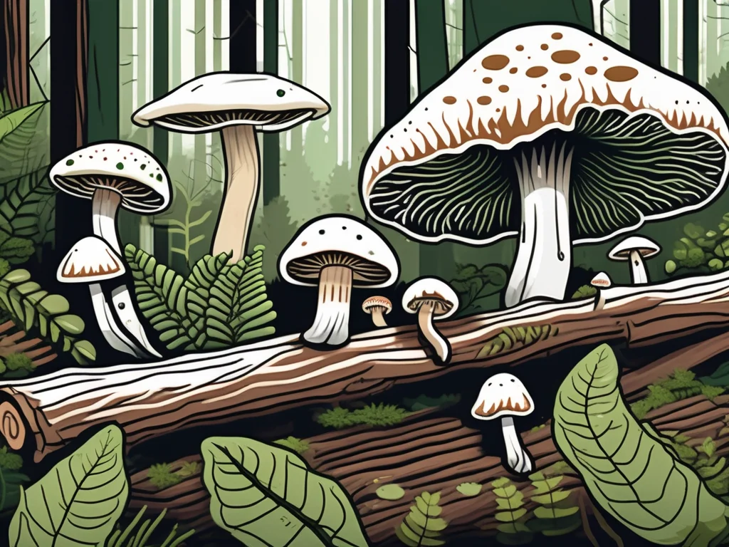 A lush forest scene with a close-up of gucchi mushrooms thriving on a fallen log