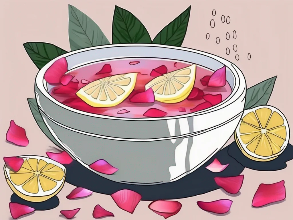 A pair of cracked heels soaking in a bowl of water with rose petals and lemon slices