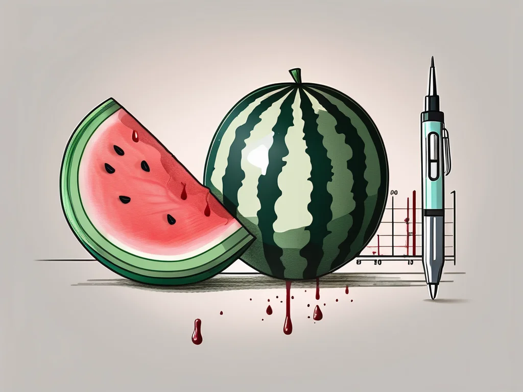 A watermelon slice with a blood sugar meter and insulin pen laid next to it