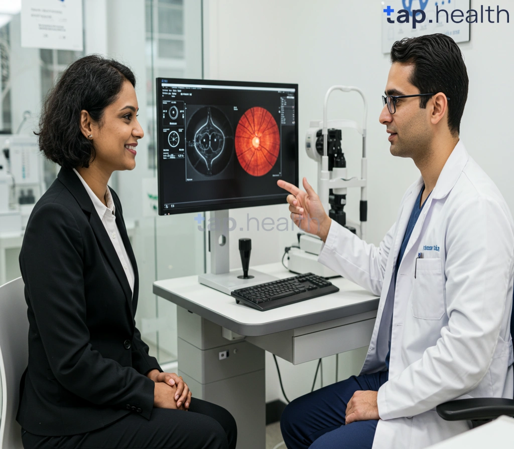 Diabetic retinopathy eye exam with ophthalmologist