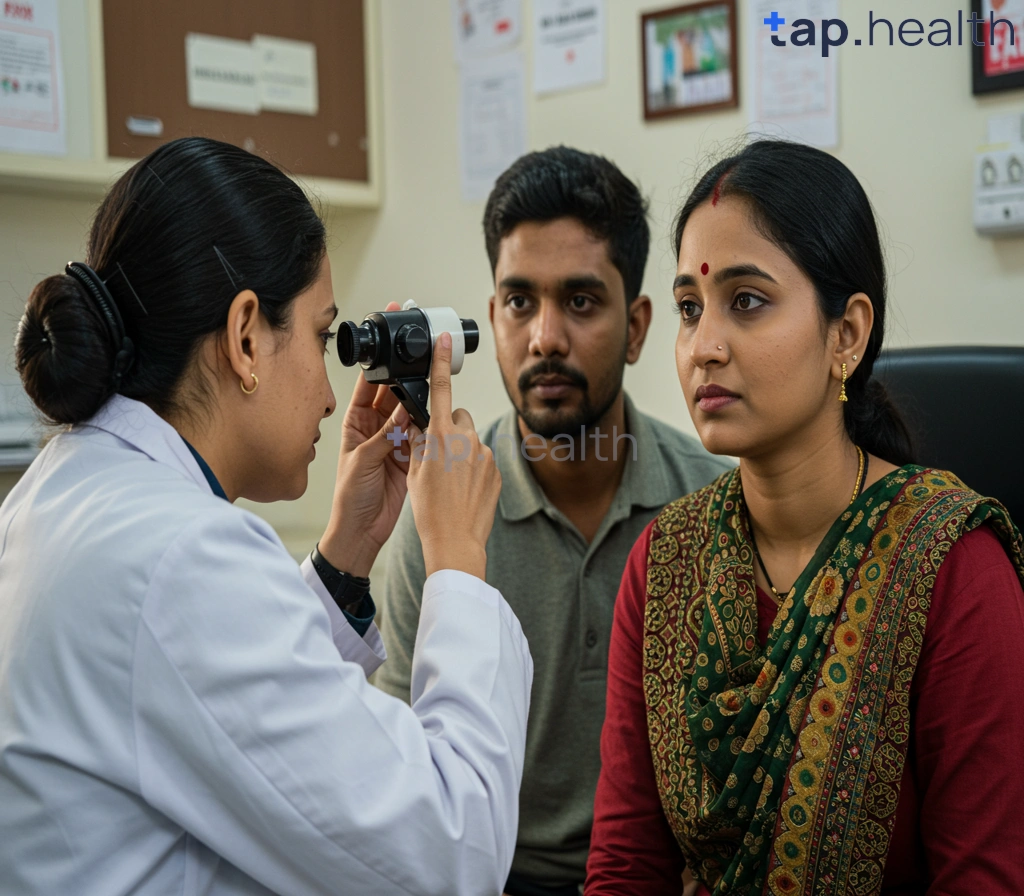 मधुमेह और आँखों की जाँच करते हुए डॉक्टर