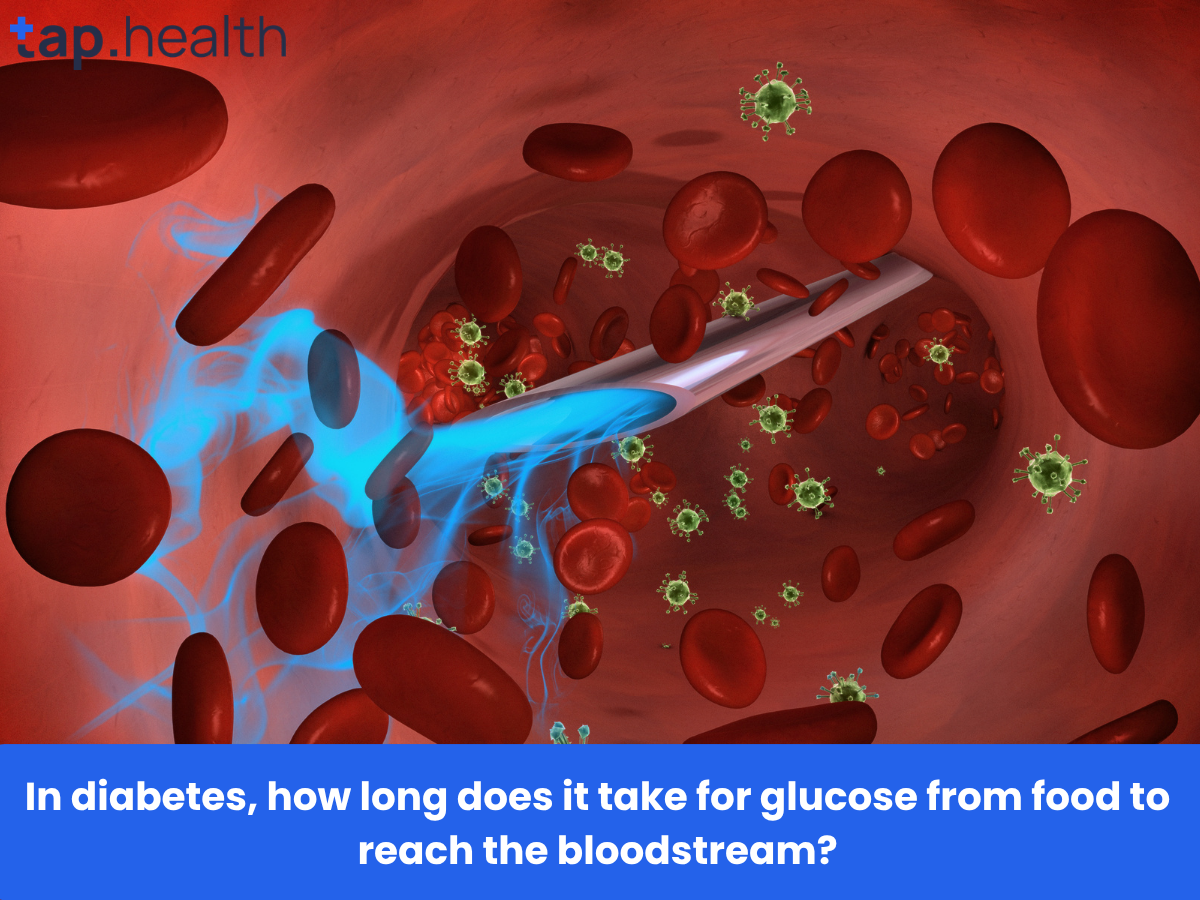 In diabetes, how long does it take for glucose from food to reach the bloodstream